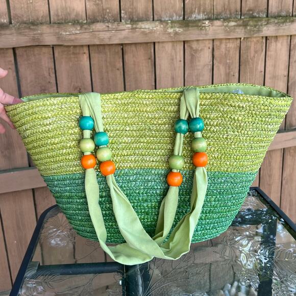 Green Ombre Woven Straw Beach Tote Bag with Beaded Handles Summer - Picture 4 of 8